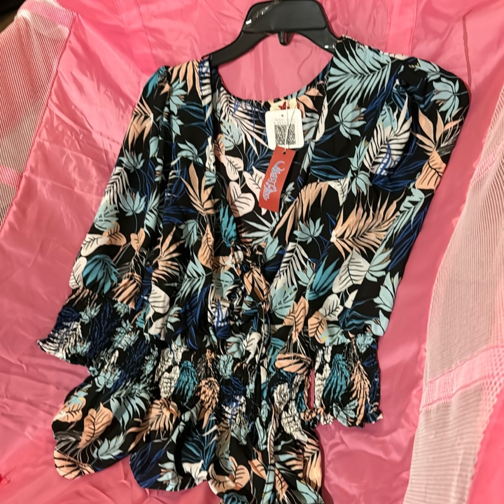 Blue Leopard Black Tropical Floral Lace Up Blouse Women’s